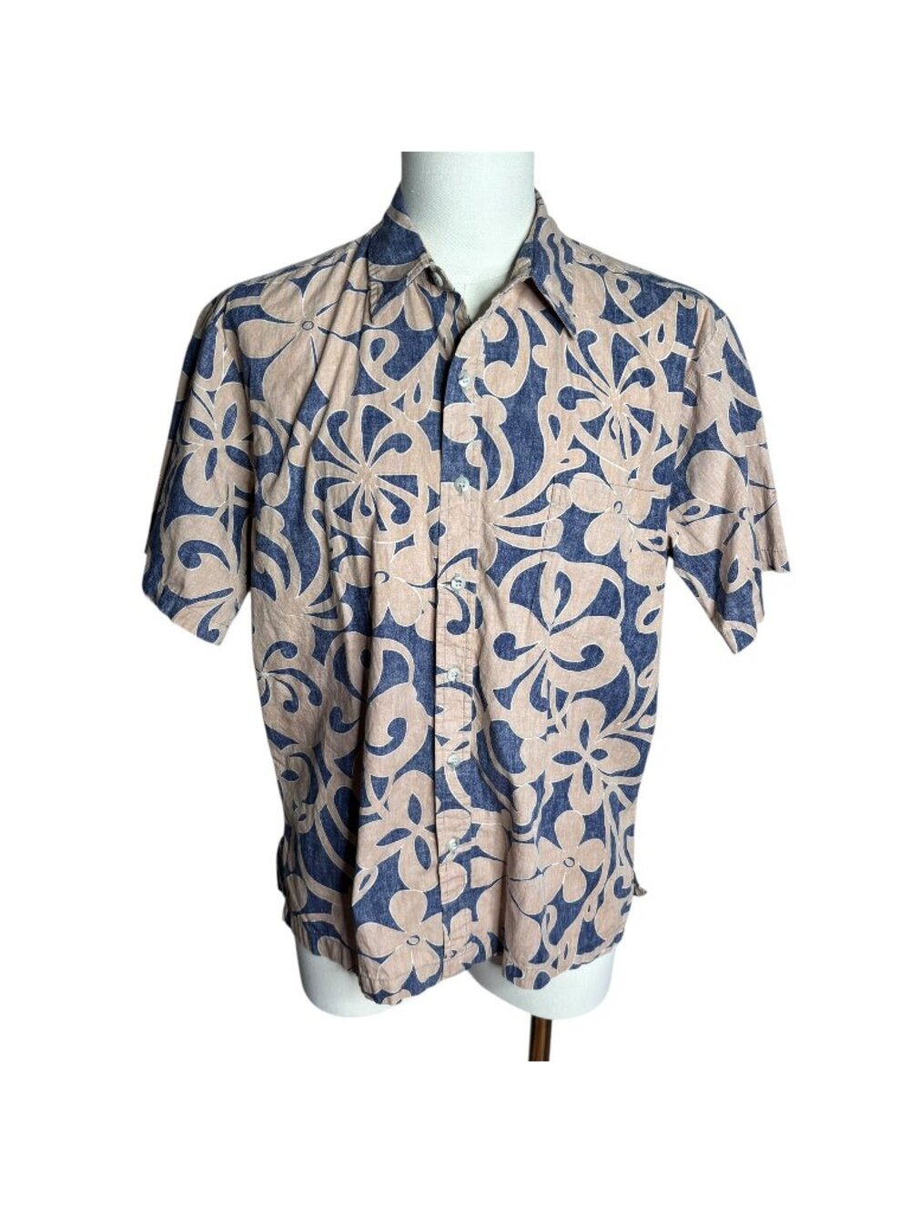 Vintage 90s Cooke Street Reverse Print Hawaiian Shirt M Blue Floral Camp Pocket